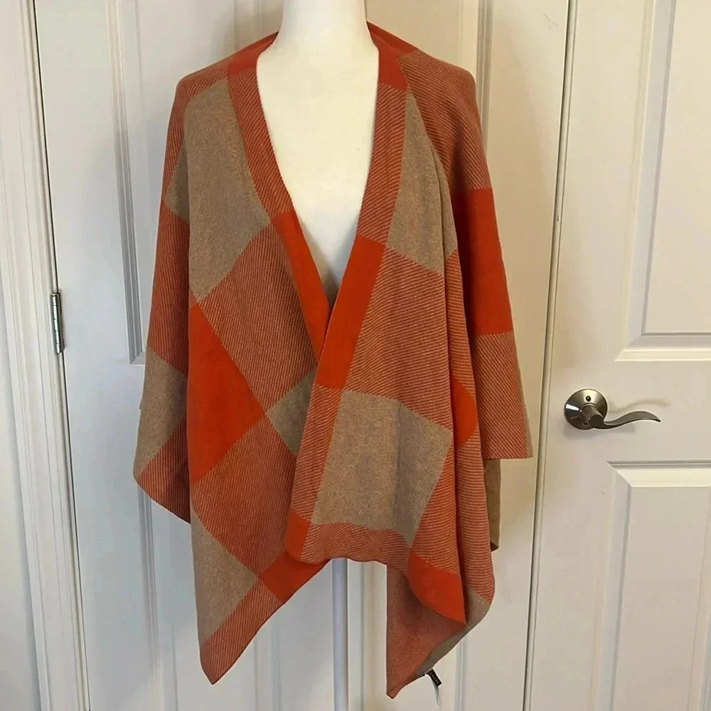 Talbots Plaid Shawl Wrap in Orange Tan Boho Fall Festive Cozy One Size Fits All